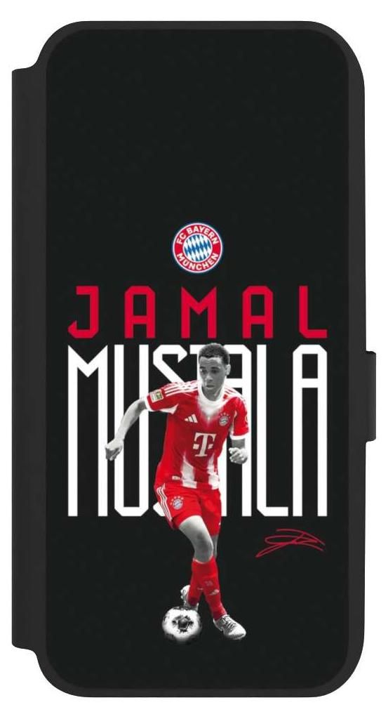 NIVOCASE Klapphülle für Samsung Galaxy A14 5G Handyhülle aus Kunst Leder NIVOflip schwarz FC Bayern München Offizielles Lizenzprodukt Jamal Mus...