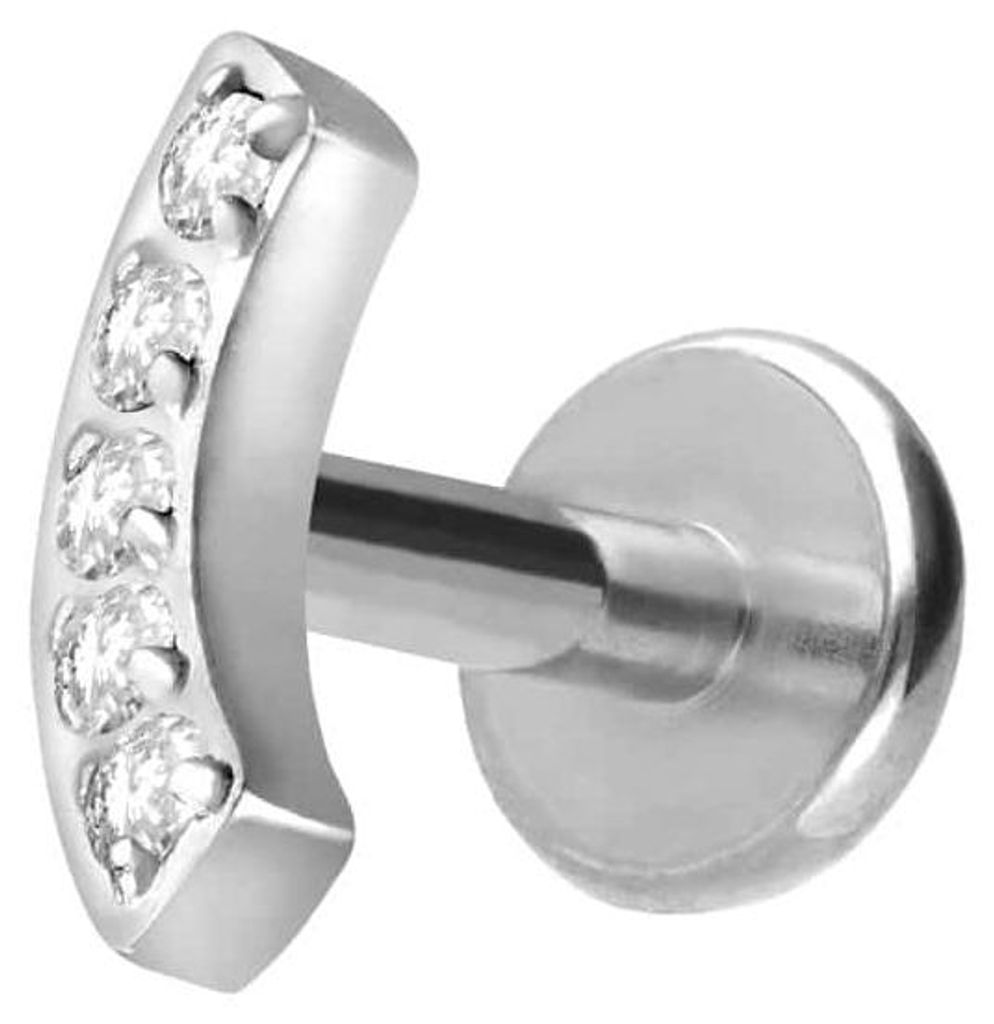 Ohrpiercing, Nasenpiercing Titan Labret mit Innengewinde BOGEN + 5 KRISTALLE Silber Stablänge: 8mm | Stabstärke: 1,2mm