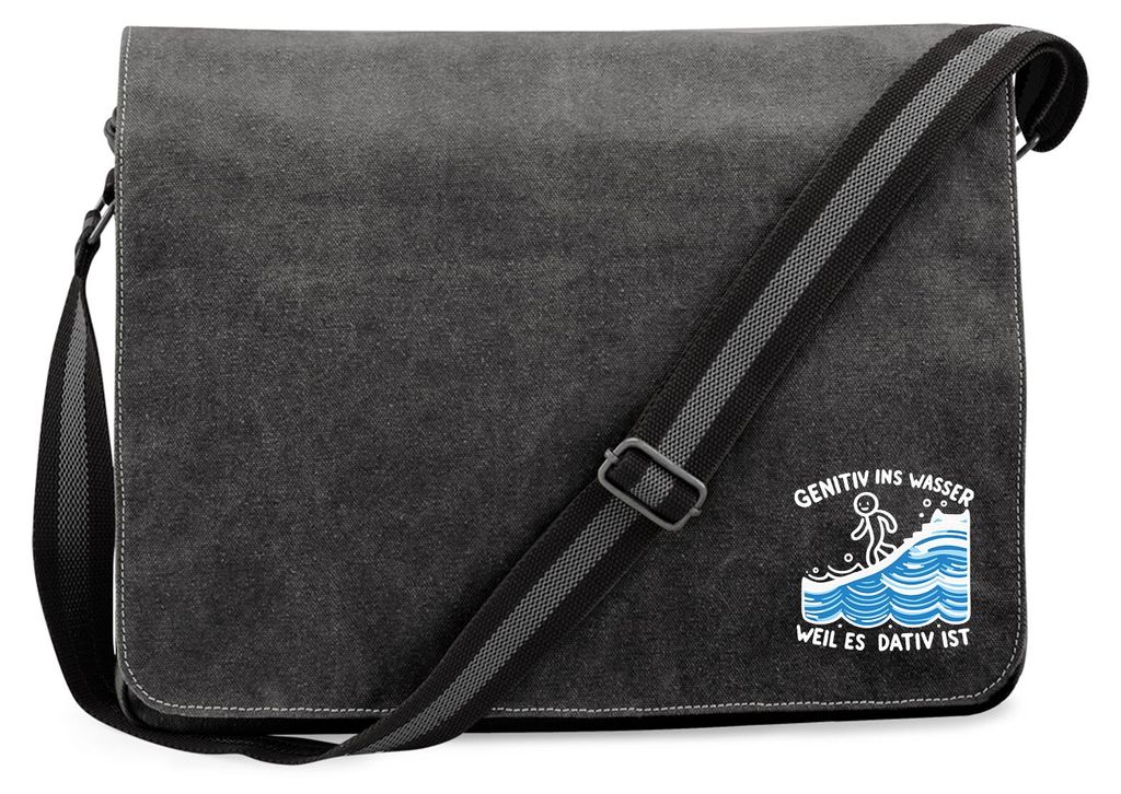 Huuraa Umhängetasche Genitiv ins Wasser Dativ ist 14 Liter Black Canvas Laptoptasche Geschenkidee