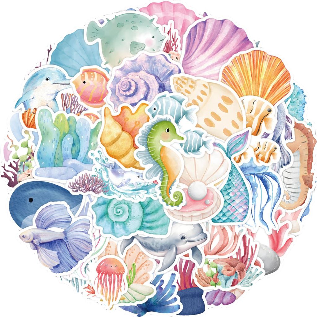 50 Stück Meerestiere Sticker Set, Bunte Fische Marine Muscheln Aufkleber für Laptop, Koffer Fahrrad Meereswelt Vinyl Stickers Wasserdicht Ästhet...