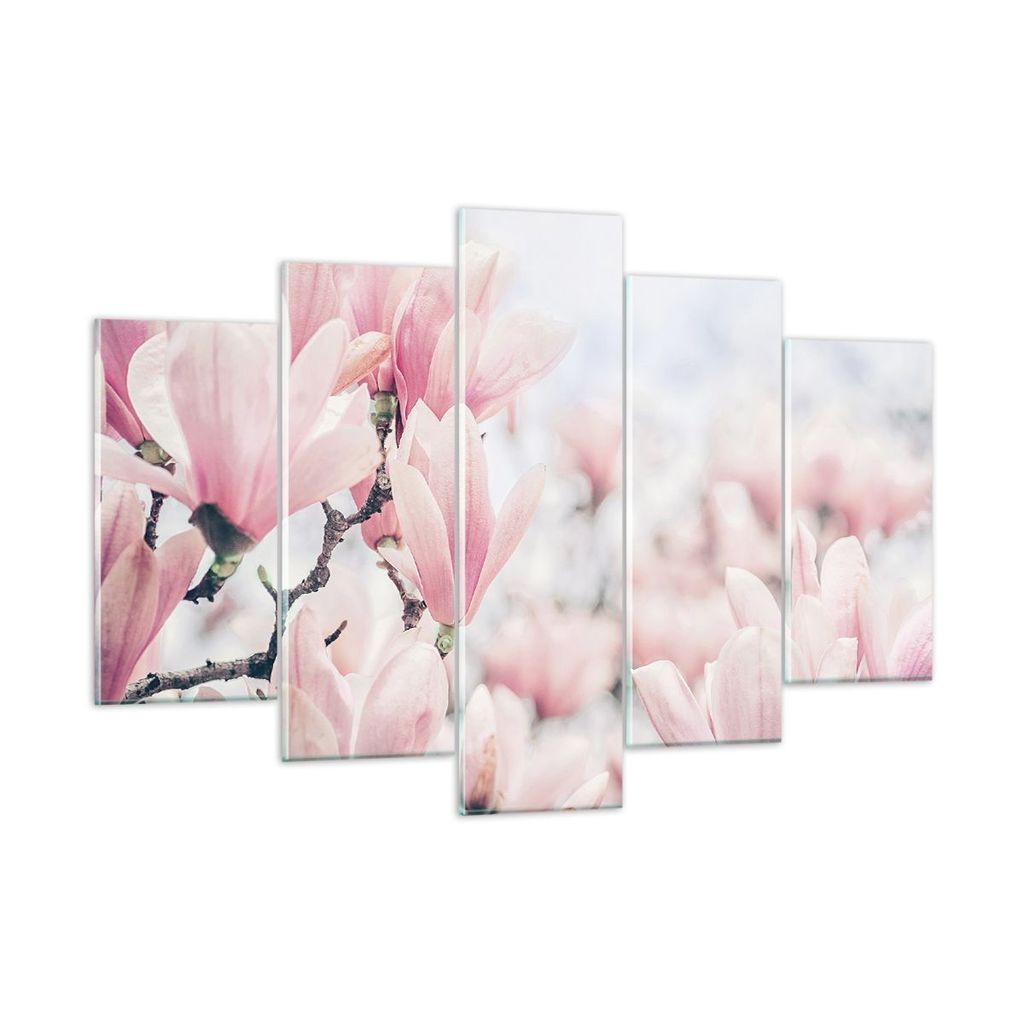 Bilder auf glas - 5 Teile - Magnolie Blumen Rosa - 150x100cm - Glasbilder - Wandbilder - Bilder - zum Aufhängen bereit - Wanddekoration aus Glas -...