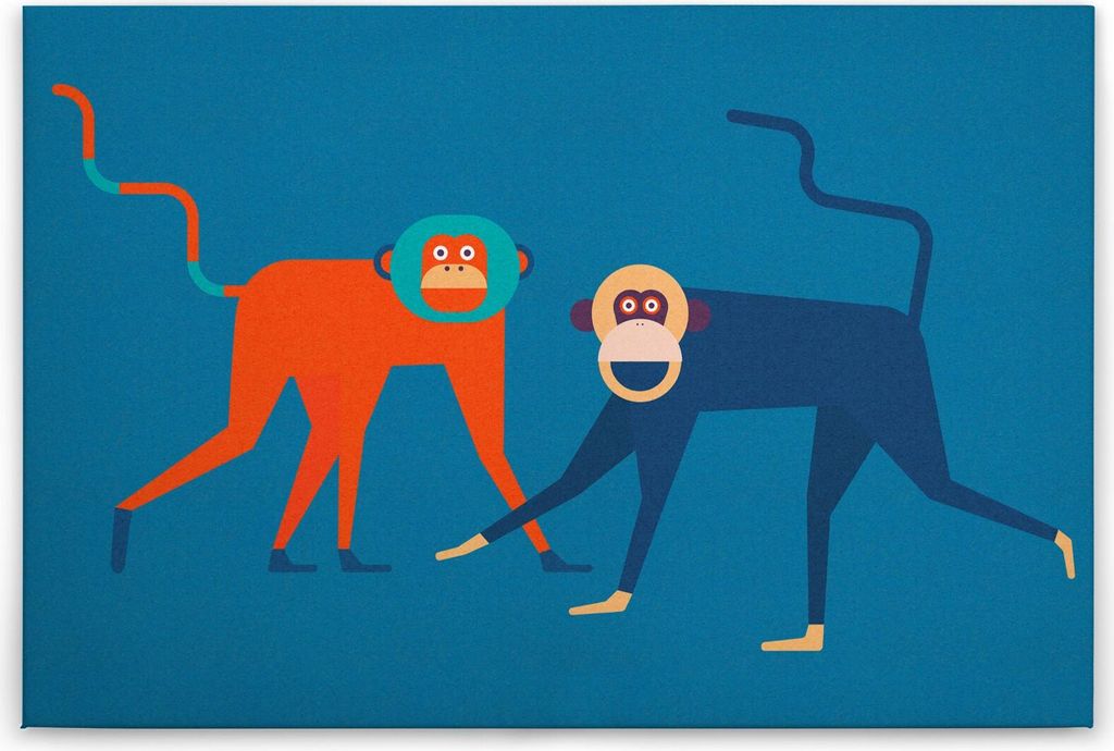 Leinwandbild Affen 60 x 90 cm - Wandbild Blau Orange - Keilrahmen Tiere Wohnzimmerdeko Wanddeko Wandgemälde