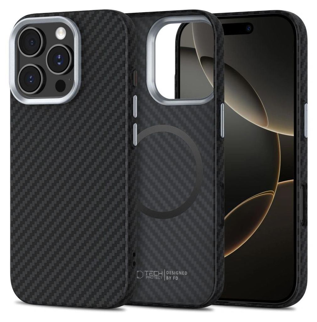Handyhülle für iPhone 16 Pro Max, Tech-Protect Ion Carbon MagSafe, Schwarz mit Kohlefaser