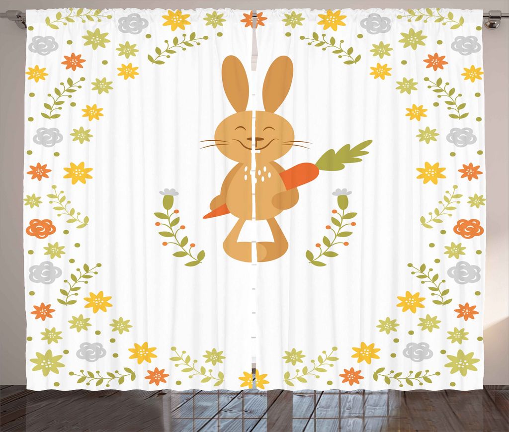 ABAKUHAUS Lustig Rustikaler Gardine, Lächelnder Kaninchen-Sommer, Schlafzimmer Kräuselband Vorhang mit Schlaufen und Haken, 280 x 225 cm, Mehrfarbig