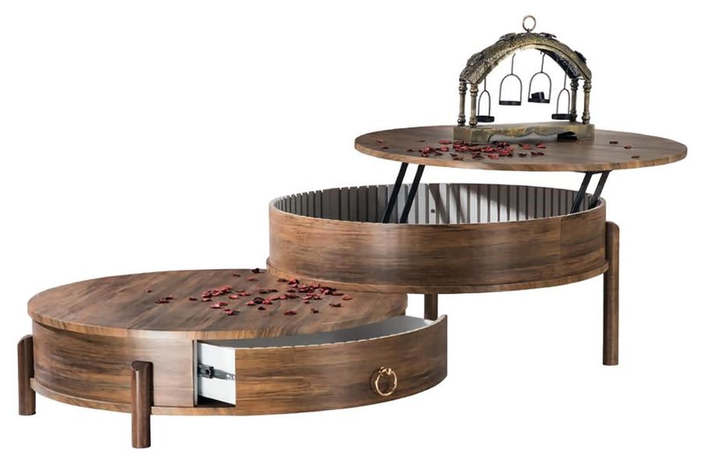 Kaffeetisch Set Couchtisch mit Schubladen Rund Holz Braun Original