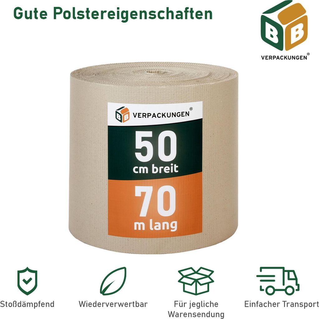 3 x Rollenwellpappe (0,5 x 70 m) Wellkarton Füllmaterial Polster Schutz Rollwellpappe BB-Verpackungen