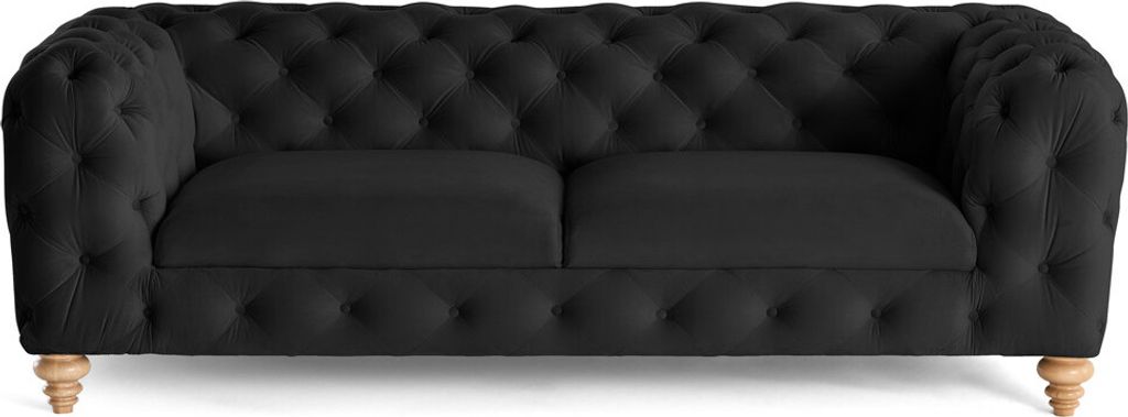 Lisa Design Walter - 3-Sizter Sofa chesterfield samt - Holzfüße , Schwarz