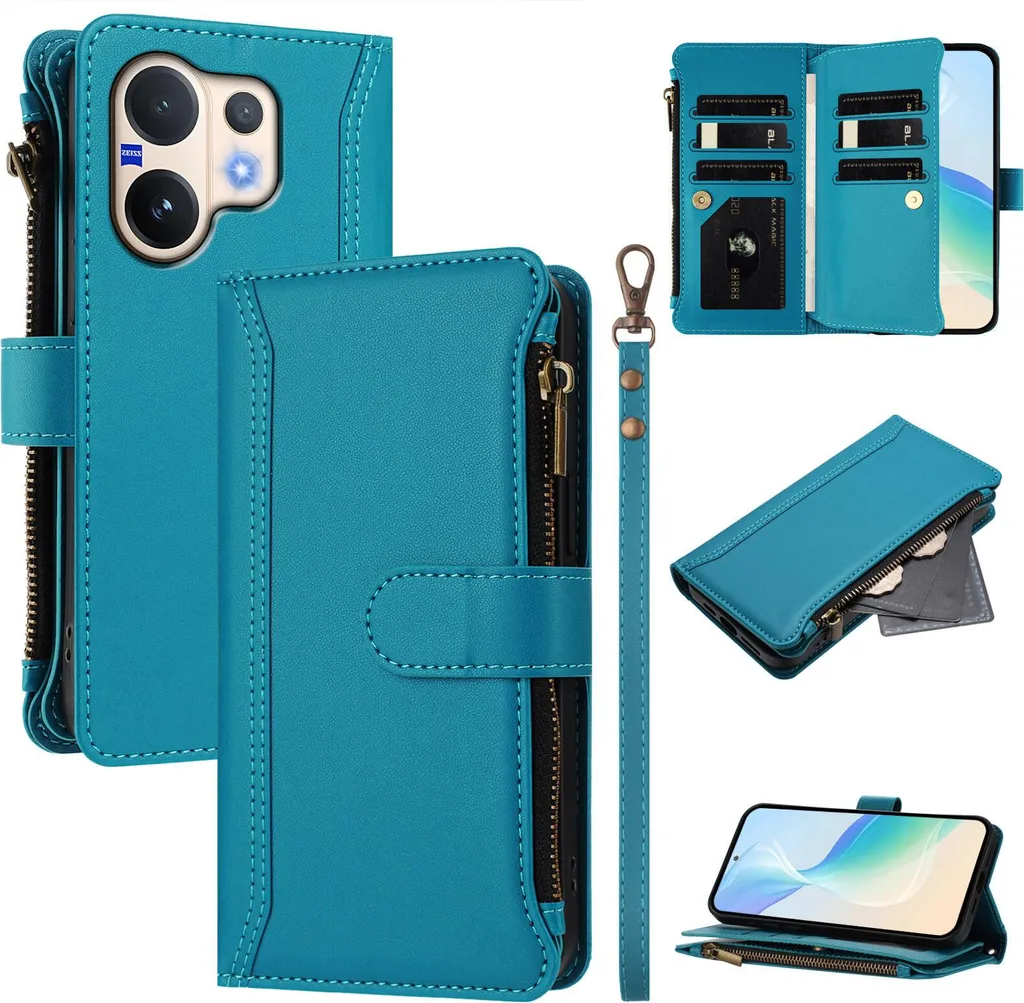 Custodia per Vivo V60, con cerniera, portafoglio Custodia flip in Finto cuoio con tasche per carte, supporto e passante per mano Lago blu