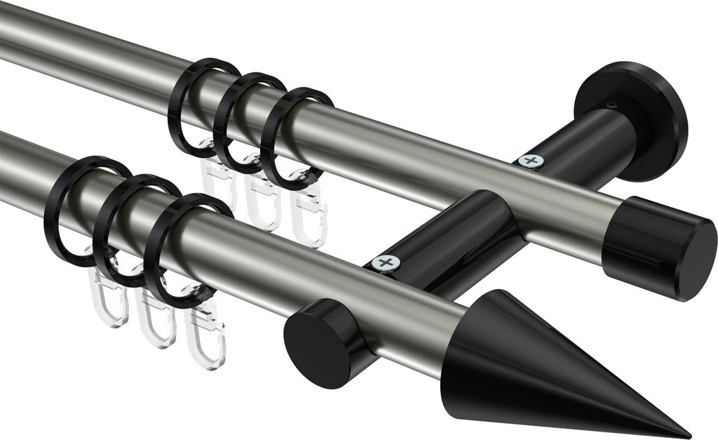 Interdeco Gardinenstange / Vorhangstange Edelstahl-Optik / Schwarz, Typ Platon Savio (Kegel), 20 mm Ø 2-läufig, 440 cm