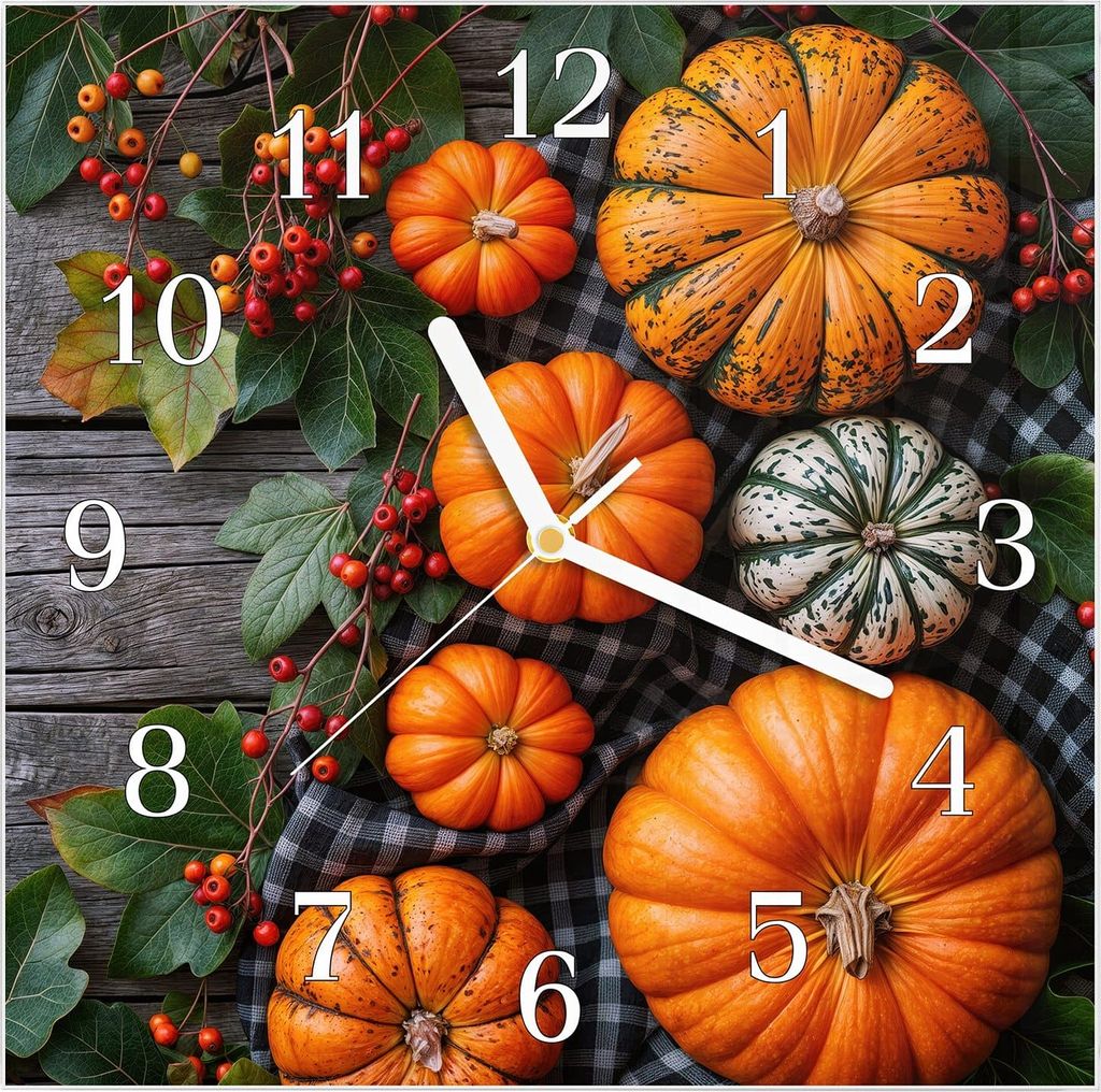 Wanduhr aus Glas mit Motiv Herbstlicher Kürbis- 30 x 30 cm - inkl. Aufhängesystem