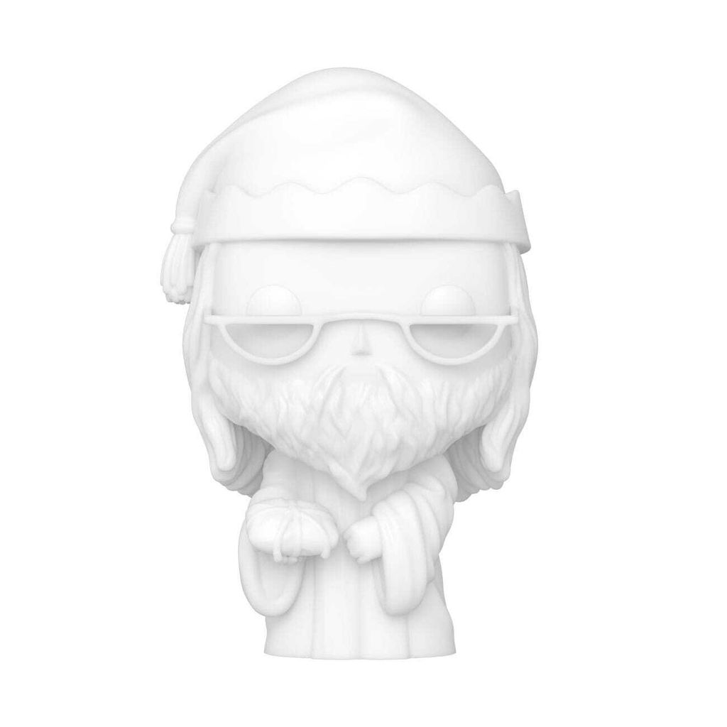 A white, unpainted Funko Pop! vinyl figure of Albus Dumbledore wearing a Santa hat and glasses, holding a small object.