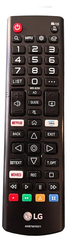 A black LG remote control is shown against a light gray background.