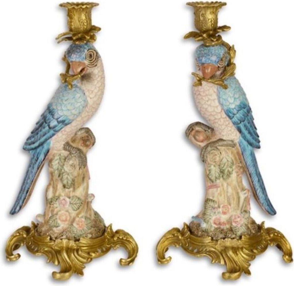 Casa Padrino Jugendstil Kerzenhalter Set Papageien Blau / Rosa / Mehrfarbig / Gold 15,3 x 15,9 x H. 36,3 cm - Porzellan Kerzenständer - Barock & J...