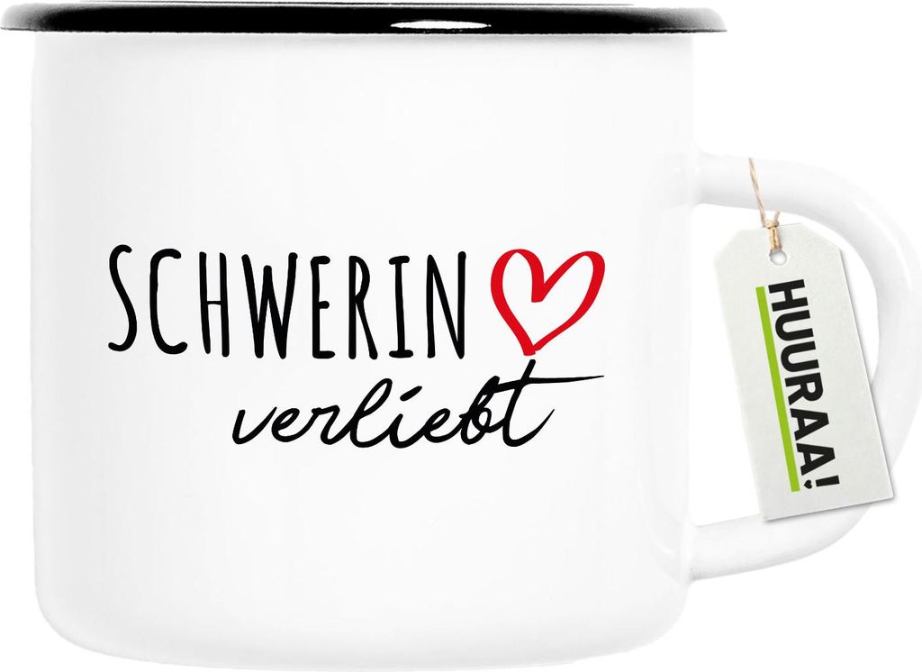 Huuraa Emaille Tasse Schwerin verliebt 300ml Vintage Campingbecher Geschenkidee