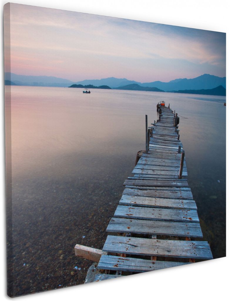 Wallario Premium Leinwandbild Steg am See- Idylle bei Sonnenuntergang in Größe 50 x 50 cm