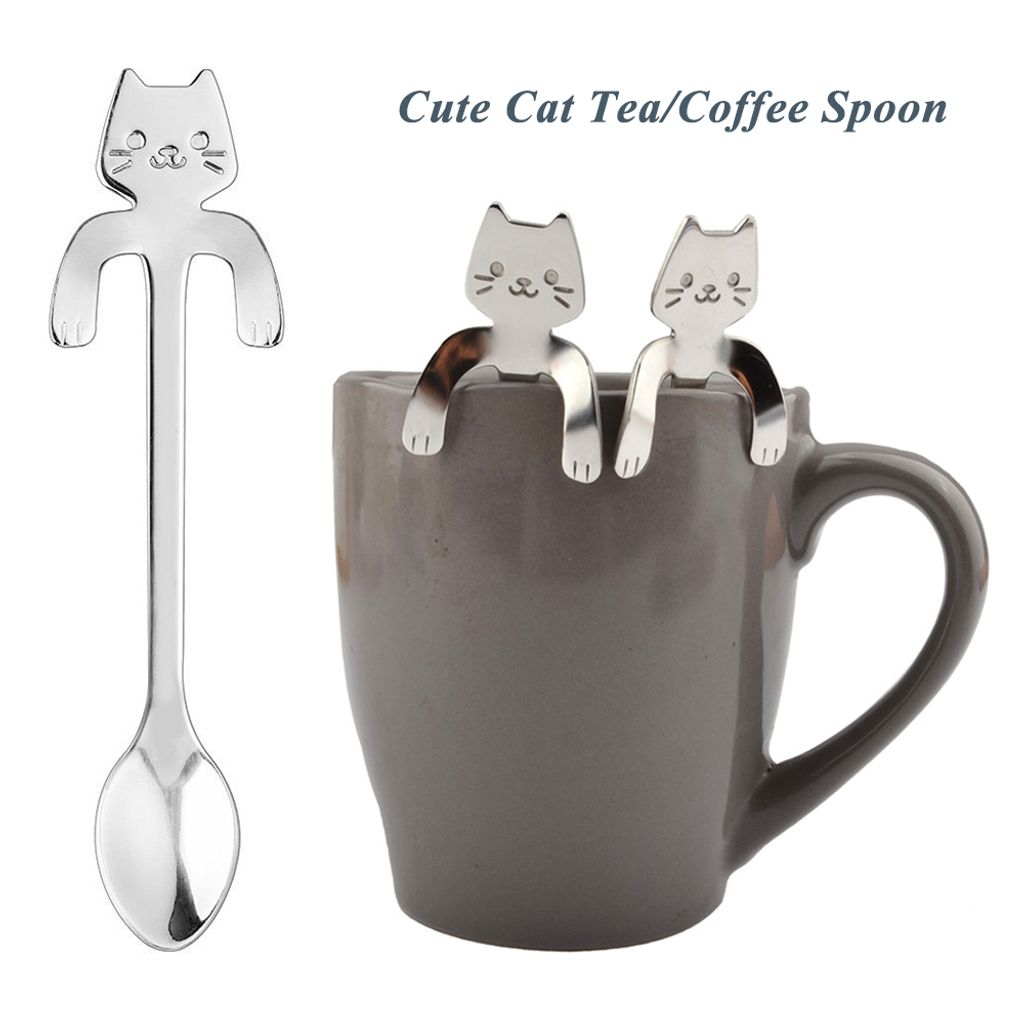 Edelstahl Katze Kaffee trinken Löffel Geschirr hängen Tassen Teelöffel Gadget