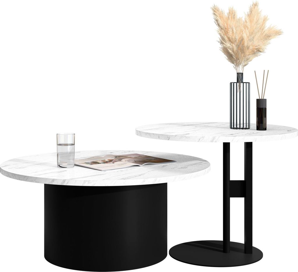 MIRJAN24 Couchtisch Monar, Wohnzimmer Kaffeetisch, Basis aus Stahl (Farbe: Schwarz / Bianco Marmor)