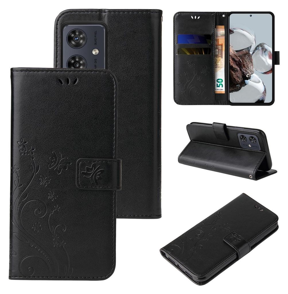 Collage of a black floral flip phone case for a Motorola Moto G54.
