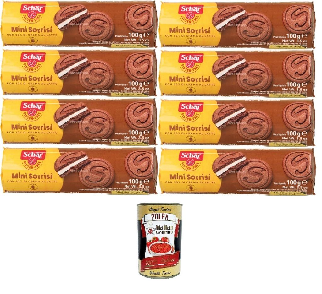 Schar, Mini Sorrisi, Biscotti senza glutine al cacao con crema al latte Mini Sorrisi, glutenfreie Kakaokekse mit Milchcreme 8x100gr + Italian Gourm...