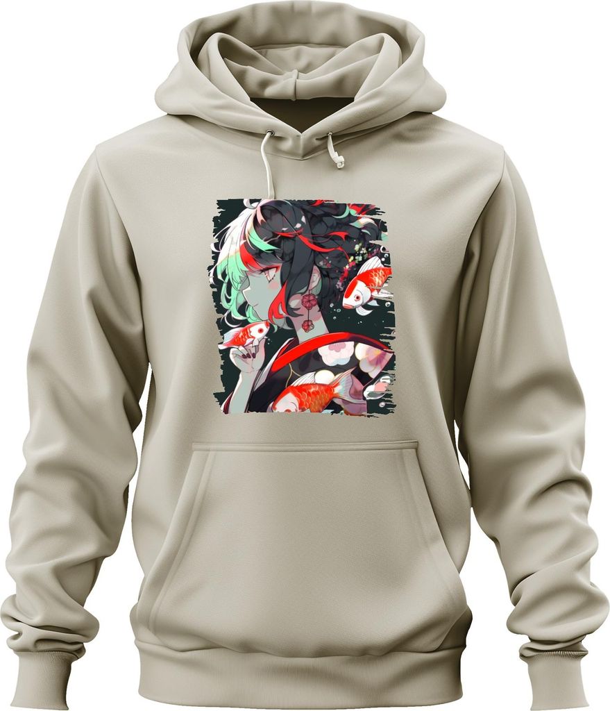 Anime Mädchen im Kimono Koi Karpfen Japanische Kunst Illustration Uni Hoodie Kapuzenpullover, Natur, XL