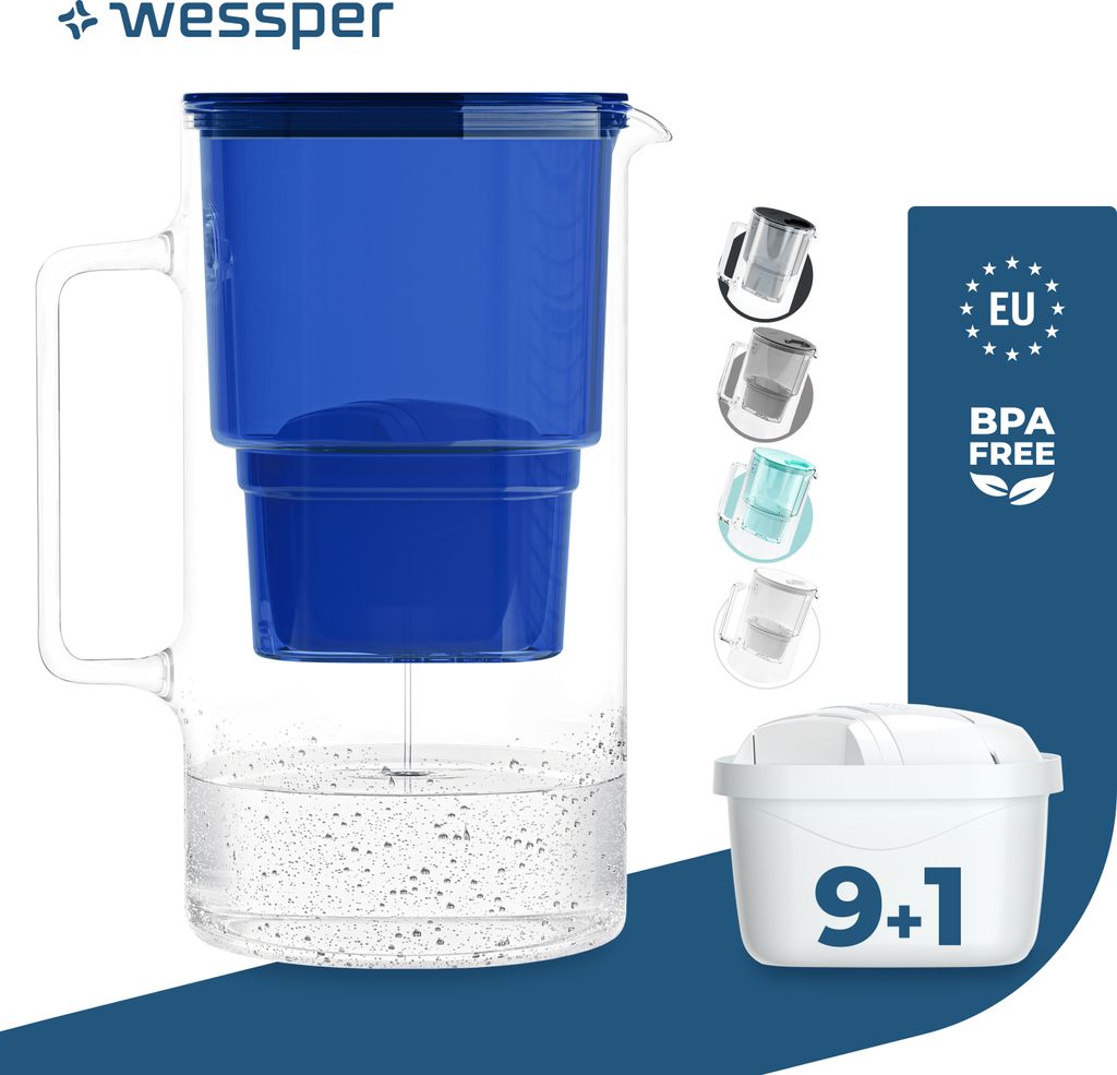 Wessper Wasserfilterkanne aus Glas 3 L Kompatibel mit Brita-Wasserfilterkartuschen, Inklusive 10 Wasserfilter-Kartusche, Blau