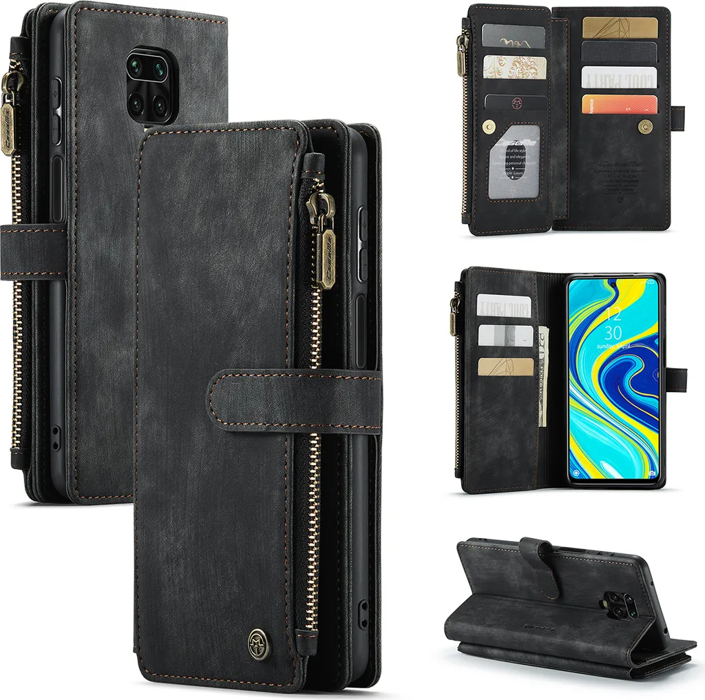Redmi Note 9S / 9 Pro / 9 Pro Max Phone Case, Zipped CoverPoliuretanoLeather Flip Cover Chiusura magnetica Card Pocket Stand Funzione Portafoglio Custodia protettiva per Xiaomi Redmi Note 9S / 9 Pro / 9 Pro Max Nero