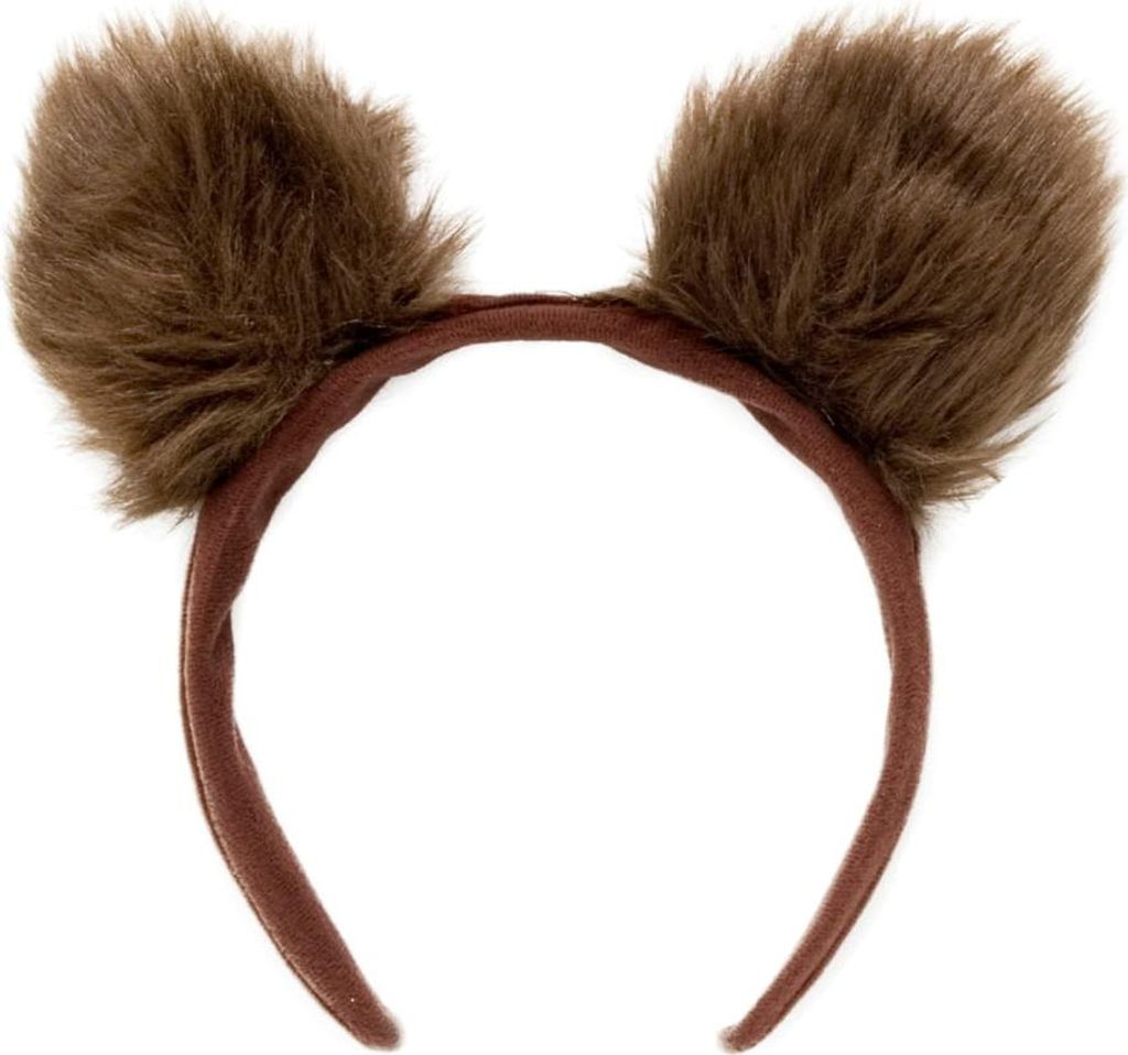 A pair of brown, furry bear ears attached to a brown headband, shown against a white background.