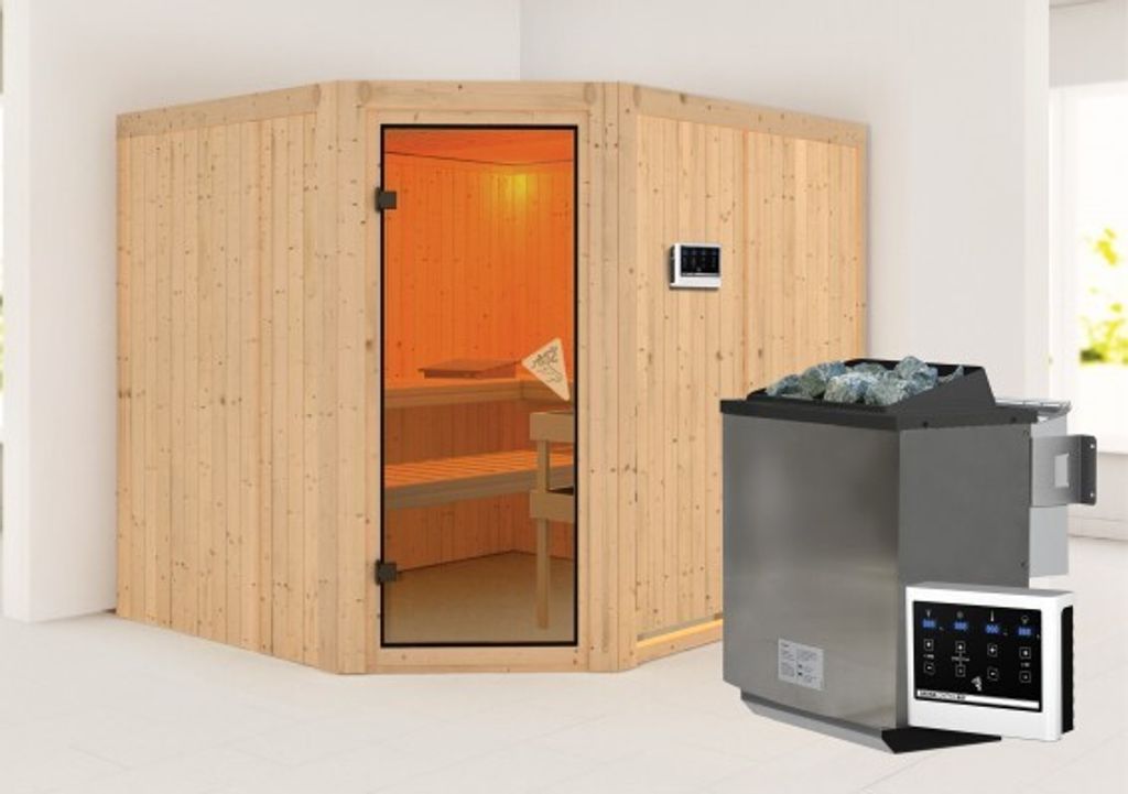 Karibu Sauna Innensauna Malin Eckeinstieg Ofen 9 kW externe Strg easy 231x196x198 cm ohne Dachkranz mit Bronzierte Tür