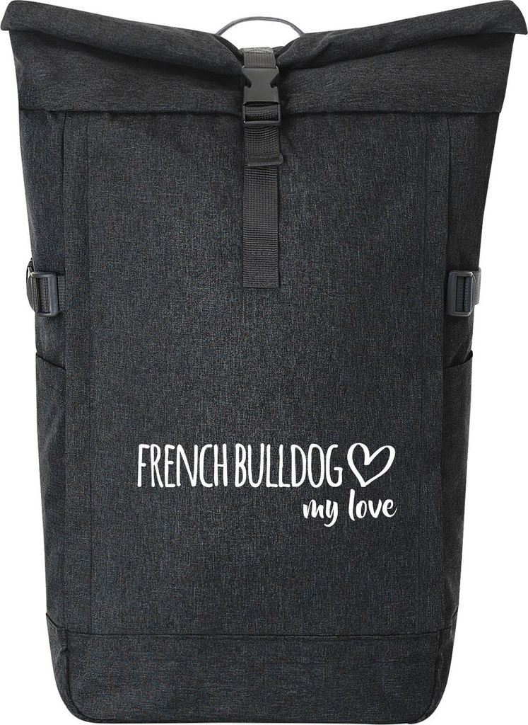 Huuraa Kurierrucksack French Bulldog my love 30-44 Liter Black Melange Fairtrade Rolltop Rucksack Geschenkidee