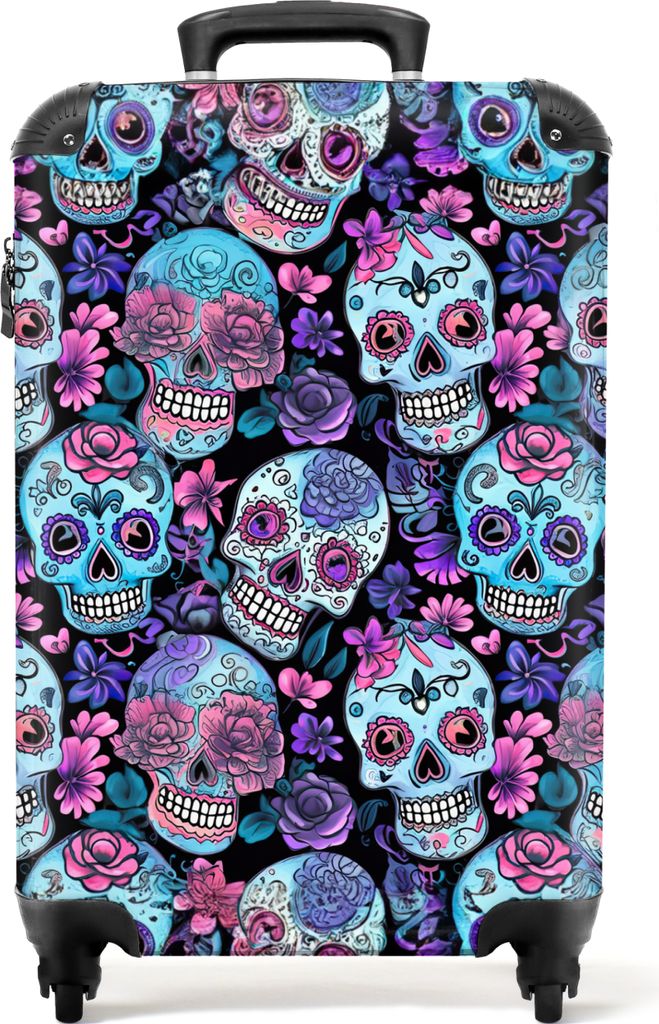 NoBoringSuitcases.com Koffer Handgepäck Trolley Rollkoffer Kleine Reisekoffer mit 4 Rollen - Totenkopf - Rosen - Blumen - Blau - Rosa - Totenkop...