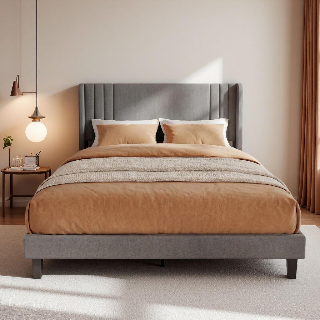 ProximaX Polsterbett 140x200cm, Graues Stoffbett mit Flügelkopfteil, Robustes Bettgestell mit Holzlattenrost, 15cm Unterbett Stauraum, Leise & Sta...