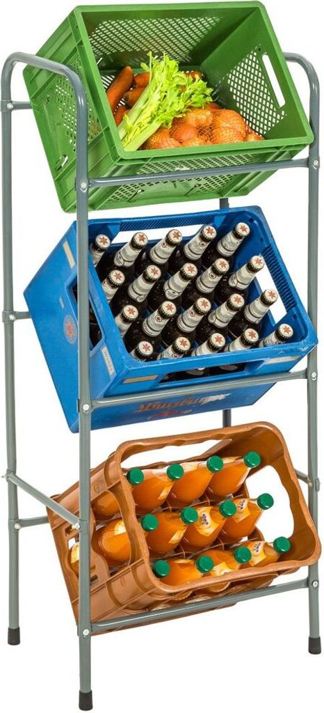 A tiered shelving unit with crates containing groceries and drinks.