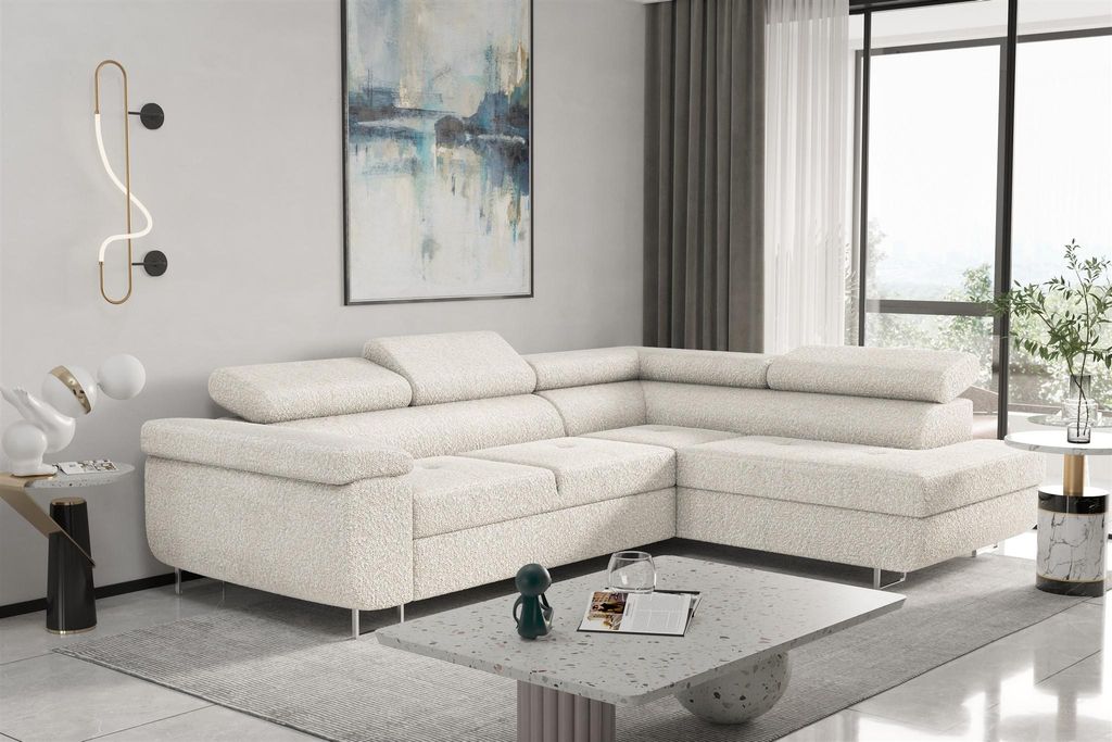 Couchgarnitur JADE Stoff Beige mit Schlaffunktion Ottomane Produktbild 