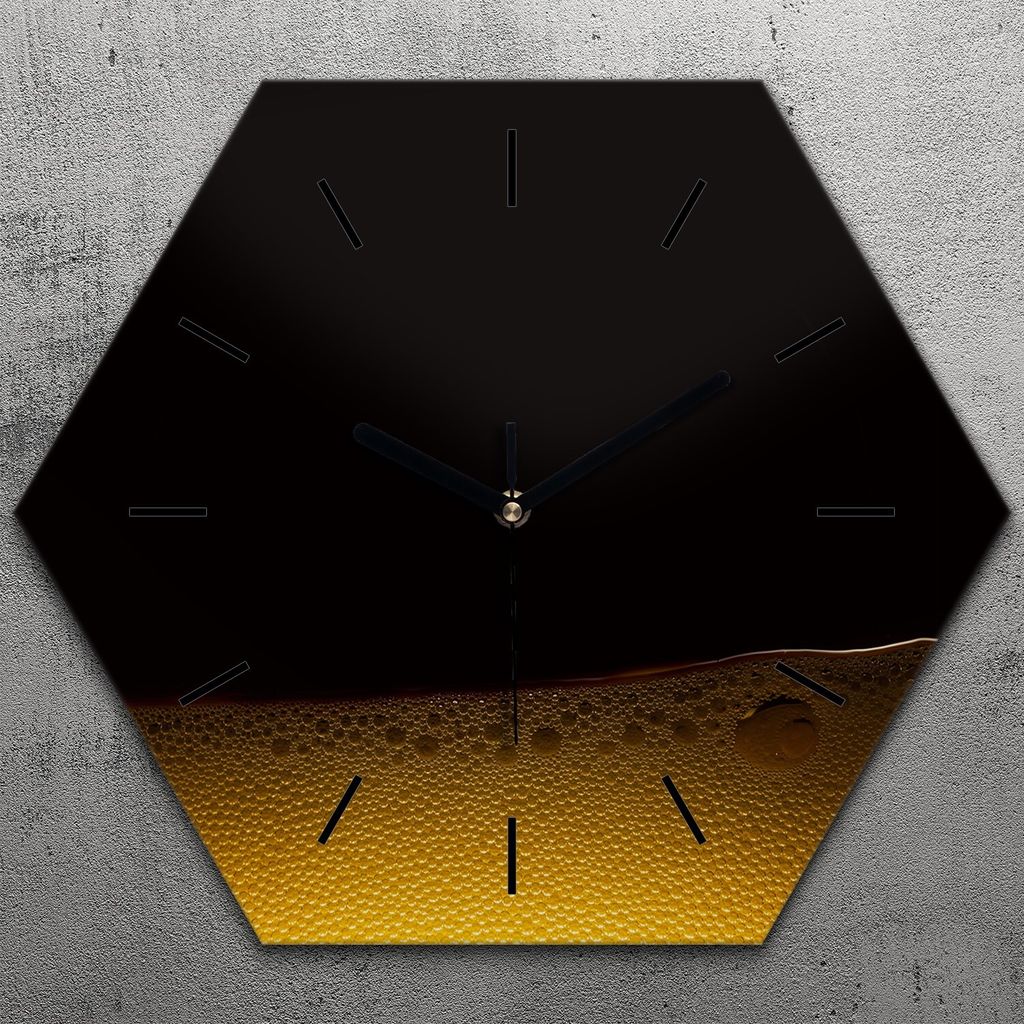 Uhr hexagonal 40 cm Glas Geräuschlos schwarze Zeiger - Arabien Kaffee Getränk Bier