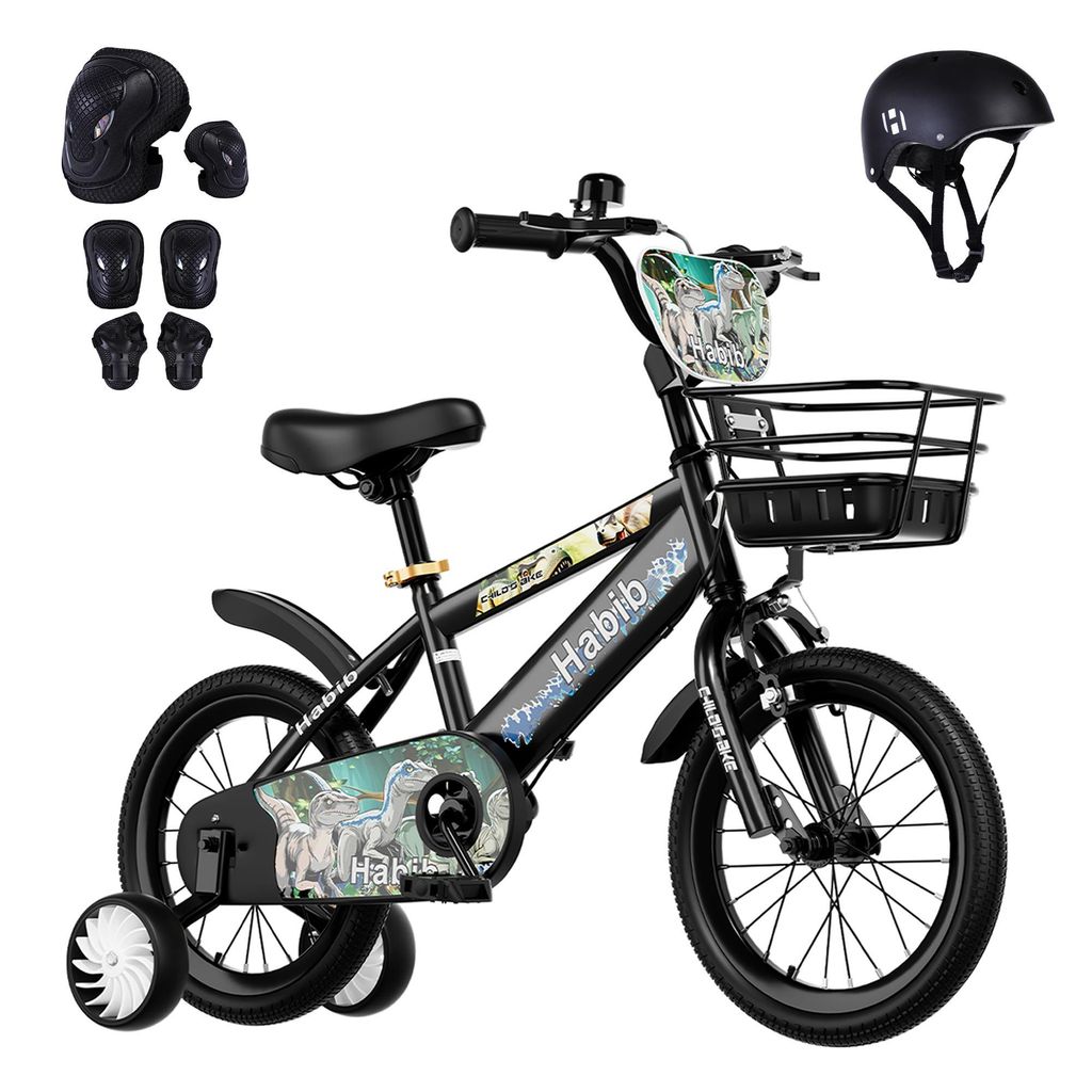 Habib Bicycle Dino Jungenfahrrad 12" 14" 16" | Set mit Schutzpads & Pumpe, Schwarz / 12 zoll