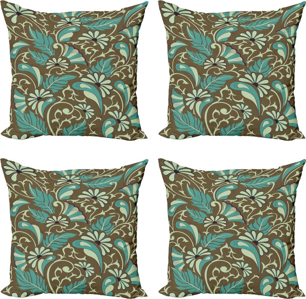 ABAKUHAUS orientalisch Kissenbezug Set (4 Stück), Federn und Droplets, Moderner Doppelseitiger Digitaldruck, 50 cm x 50 cm, Hellgrün Umber