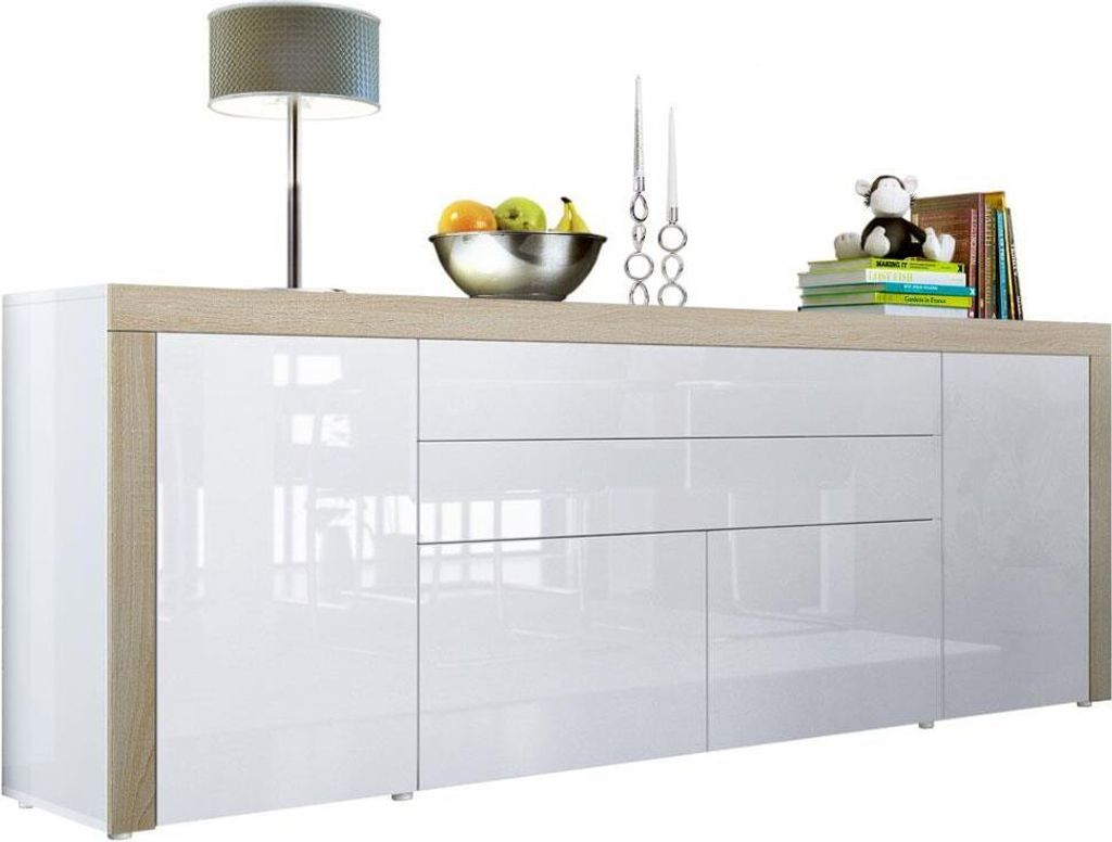 Vladon Sideboard La Paz V2, Germany, Kommode mit 2 Türen, 2 Schubkästen und 2 Klappen, Weiß Hochglanz/Weiß Hochglanz/Eiche sägerau (200 x 72 x...