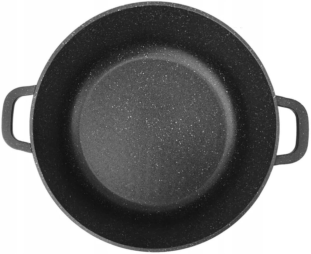 A top-down view of a black pot with speckled gray interior and two handles.