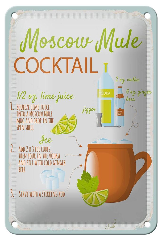 Blechschild Rezept Moscow Mule Cocktail Recipe 12x18cm Dekoration