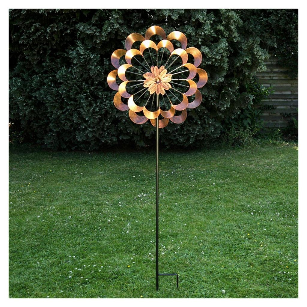XXL Doppelwindrad ANTIK - Gartendekoration - Metall - Erdspieß - H: 1,80m - kupferfarben