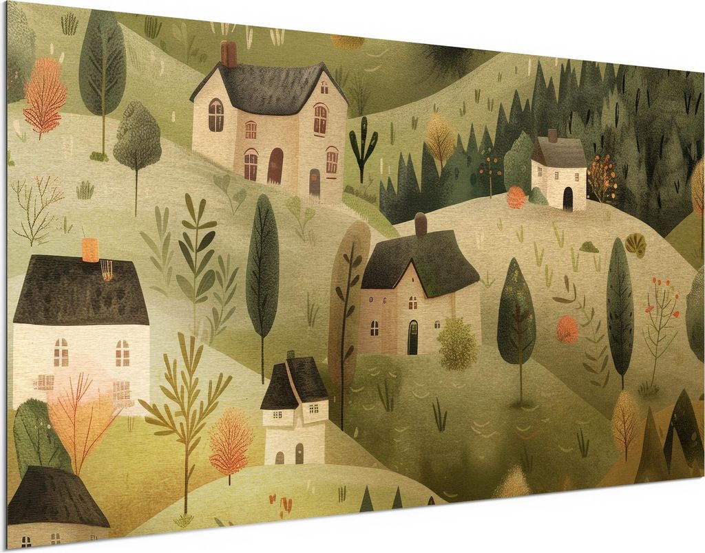DEQORI Alu-Dibond Bild Gold 100x50 cm 'Dorfidylle im Herbstlicht' Wandbild Metall dünn
