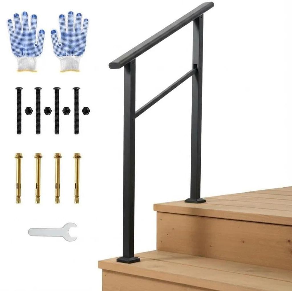 Treppengeländer für außen - Aluminium-Handlauf - Für 2 Stufen - Wetterfest - Verstellbarer Winkel - Bodenmontage - DIY-Montageset - Set mit 1 S...
