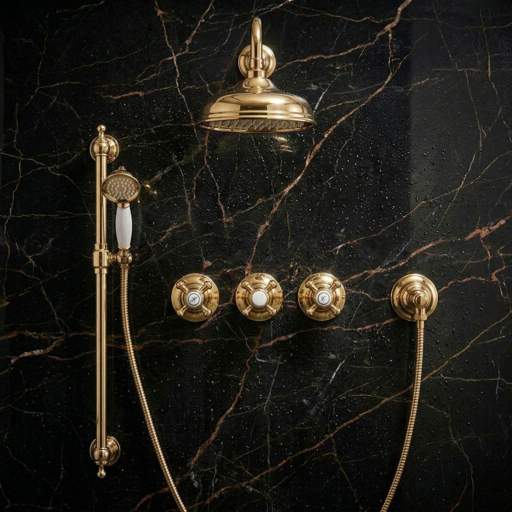 PaulGurkes Dusch-Set Gold mit Duschstange Komplett Antik Retro