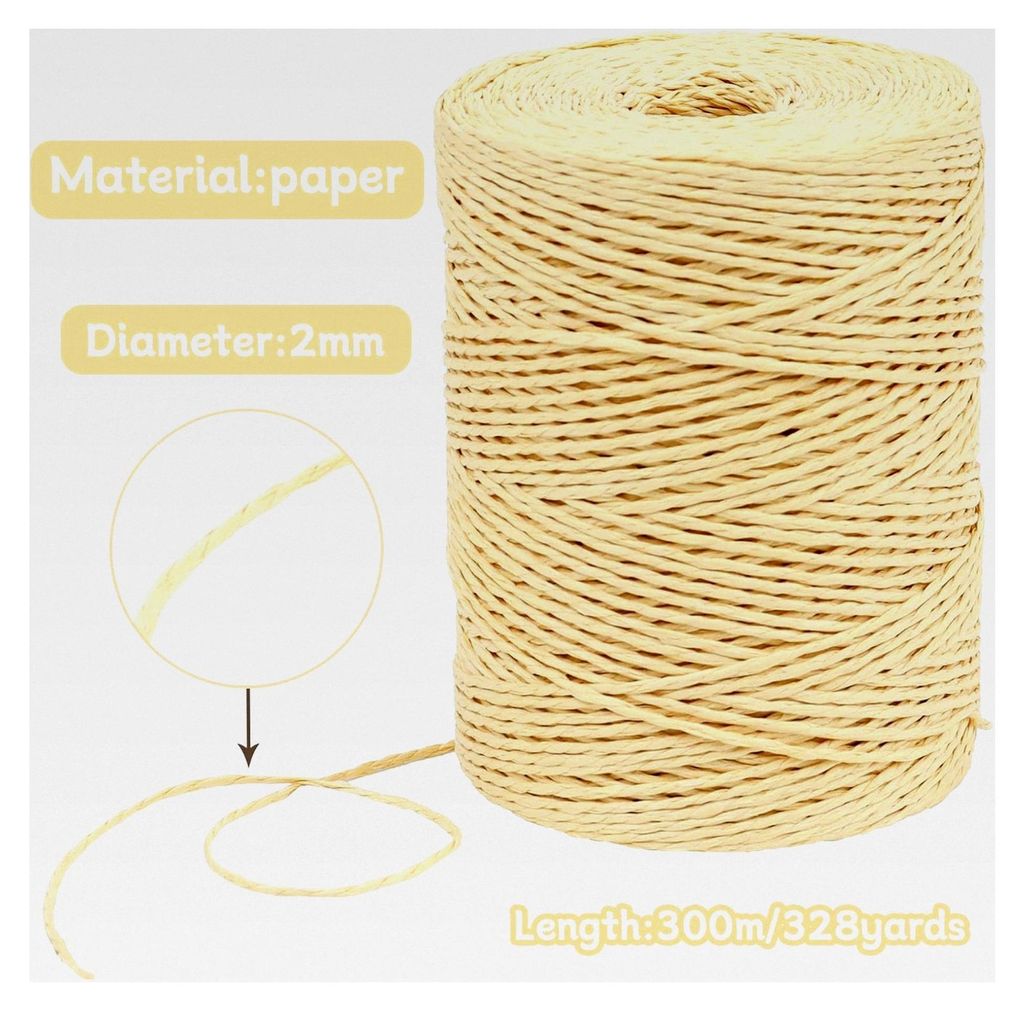 Raffia Garn zum Häkeln von Taschen, 2mm x 300m geflochtenes Raffia Papierdraht, weiches Raffia Bastgarn für Stricken von Taschen, Strandmützen, ...