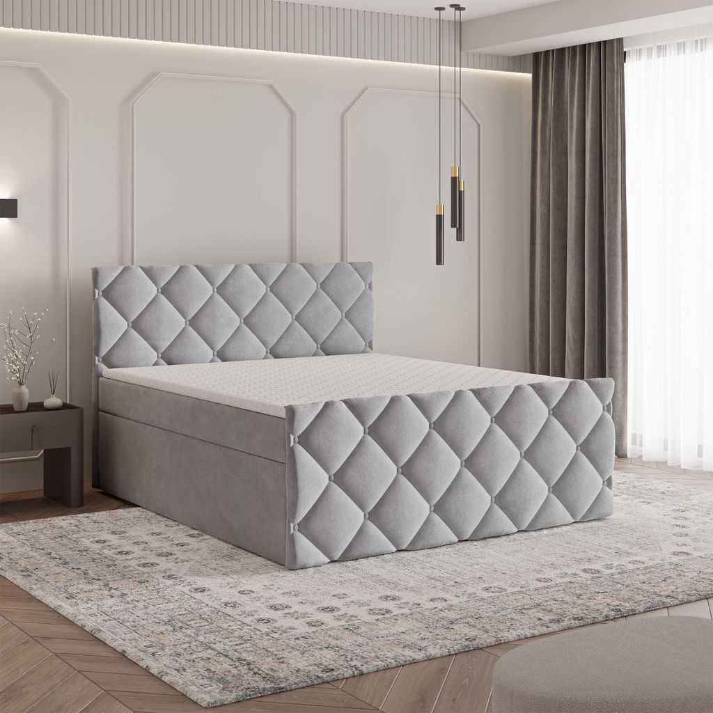 Masseno Boxspringbett ROVARI 160x200 cm Komplett-Set mit Bonell Matratze und Topper, Polsterbett mit Bettkästen -Hellgrau, PAROS 05