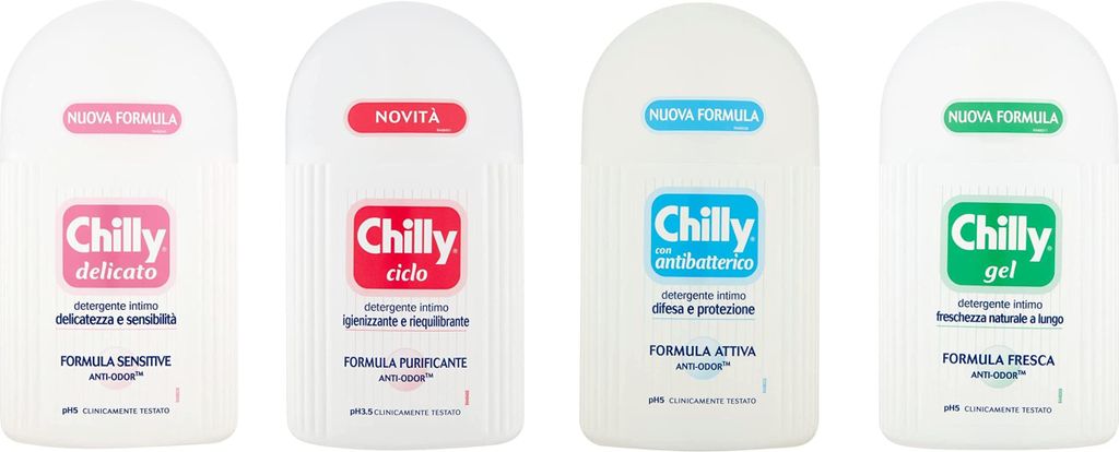 Chilly 4x200ml Intimate Cleanser Reiniger für die Intimhygiene mit Anti-Geruchs-Molekül, Sanfte und beruhigende Formel und Italian Gourmet Polpa ...