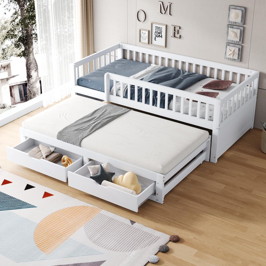 Flieks Jugendbett 90x200cm mit Ausziehbett 90x190cm, Holzbett Klassisches Bett mit 2 Schubladen, Kinderbett Einzelbett mit Rausfallschutz, Weiß