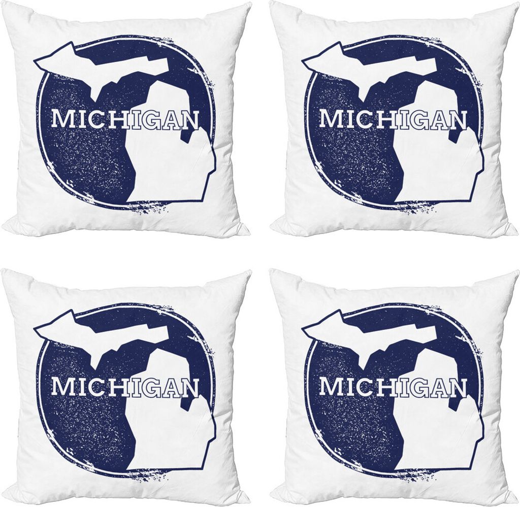 ABAKUHAUS Michigan Kissenbezug Set (4 Stück), Grunge Stempel USA, Moderner Doppelseitiger Digitaldruck, 40 cm x 40 cm, Dunkelblau Weiß