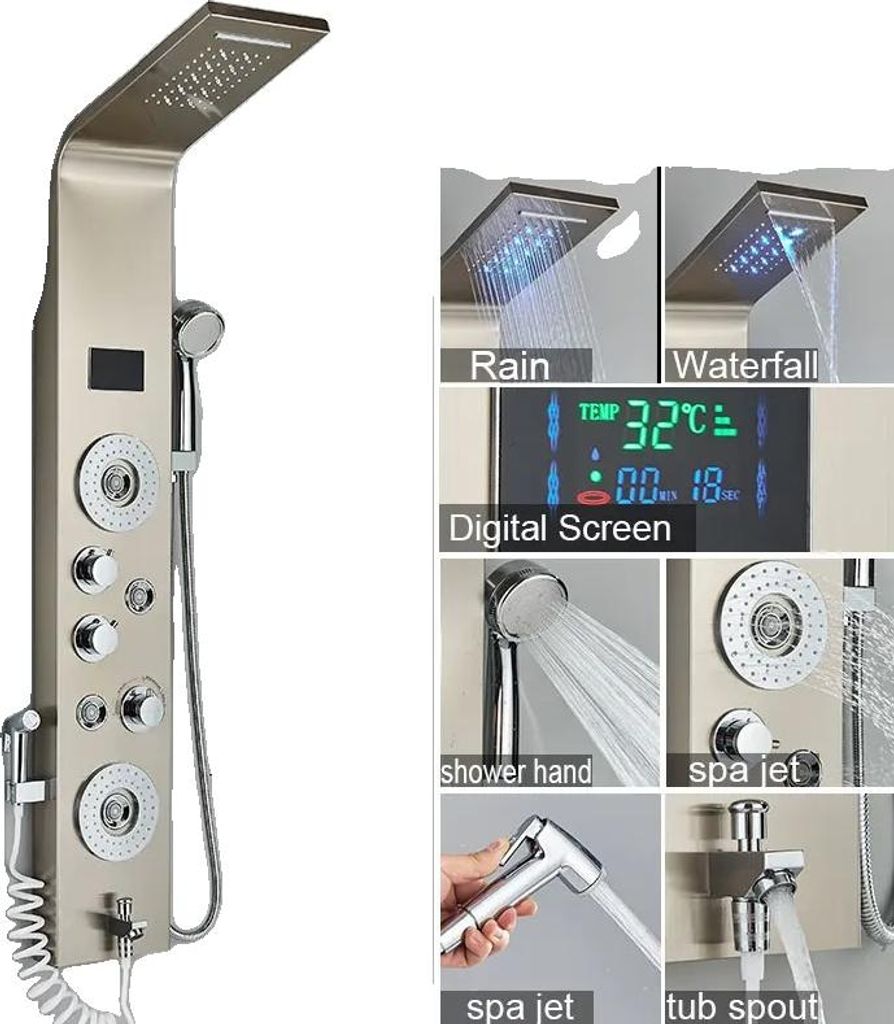 Duschpaneel, Regen- und Wasserfallfunktionen, LED-Temperaturanzeige, Bürstetes Nickel 8006
