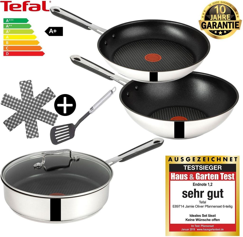 Tefal Jamie Oliver E76 Set15 Pfannenset – 6tlg. Induktions-Kochset mit 25cm Schmorpfanne, 28cm Wok & 26cm Pfanne – Titanium Antihaft